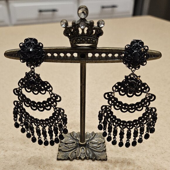 RARE VINTAGE JOSE & MARIA BARRERA BLACK CRYSTAL SILVER DROP CHANDELIER EARRINGS - Picture 2 of 10